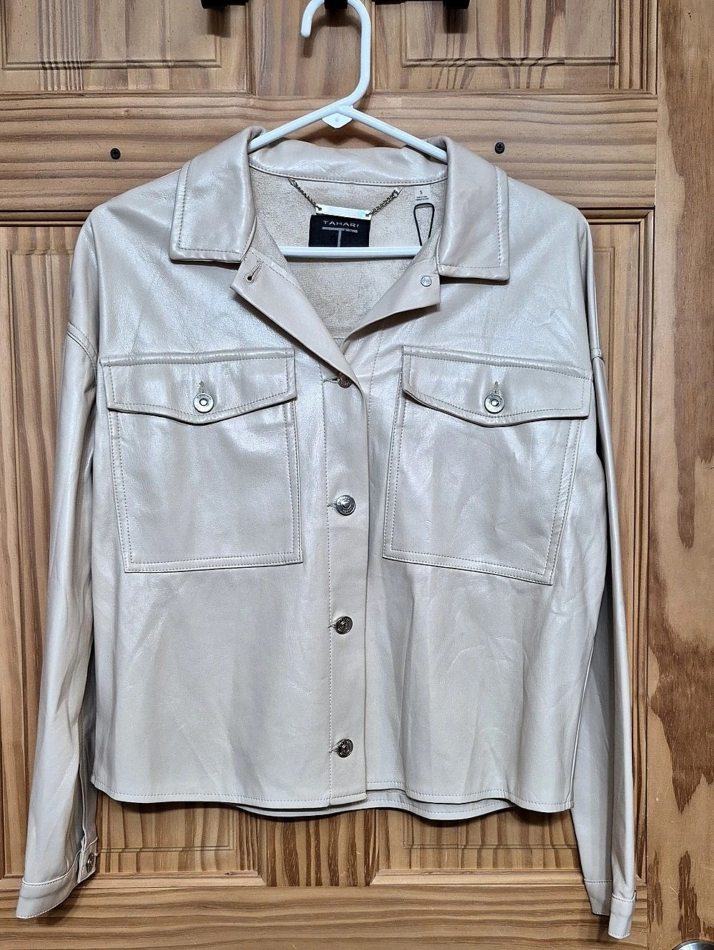 Tahari Faux Leather Shirt Jacket in Cream Size Small NWT